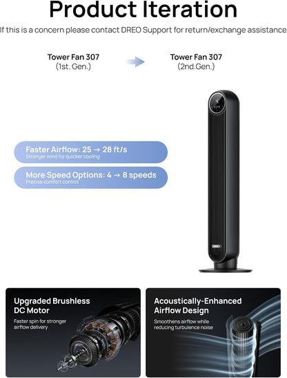 DREO Tower Fan for Bedroom, 28ft/s Velocity, Ultra Quiet Fan, 8 Speeds
