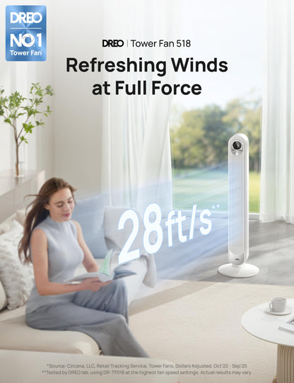 DREO Tower Fan for Bedroom, 28ft/s Velocity, Ultra Quiet Fan, 8 Speeds