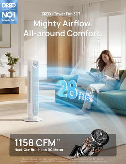 DREO Tower Fan for Bedroom, 28ft/s Velocity, Ultra Quiet Fan, 8 Speeds